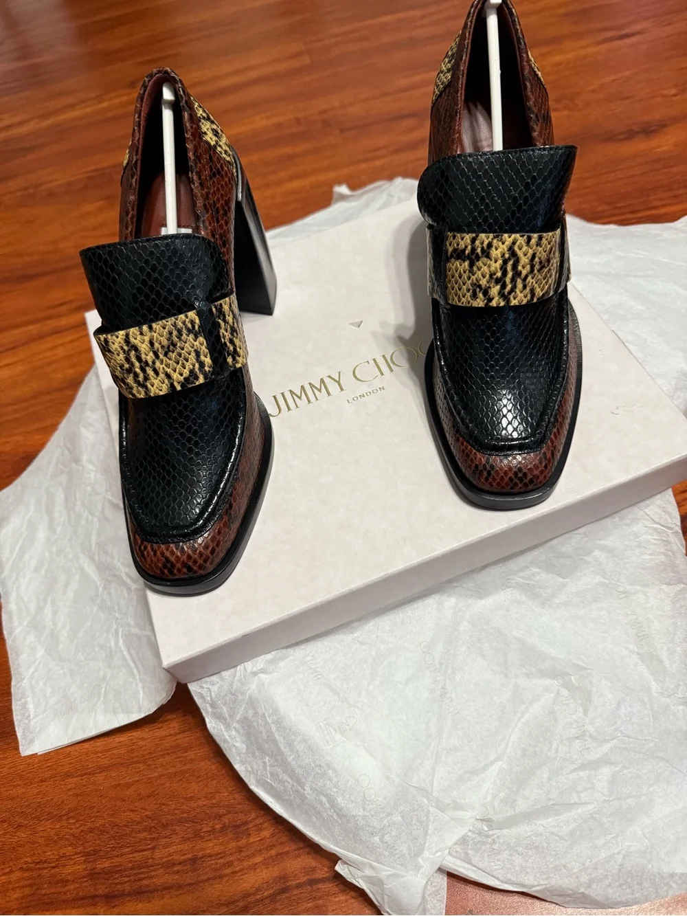 Jimmy Choo Black, Brown & Yellow Snake-Print Block Heel Loafers